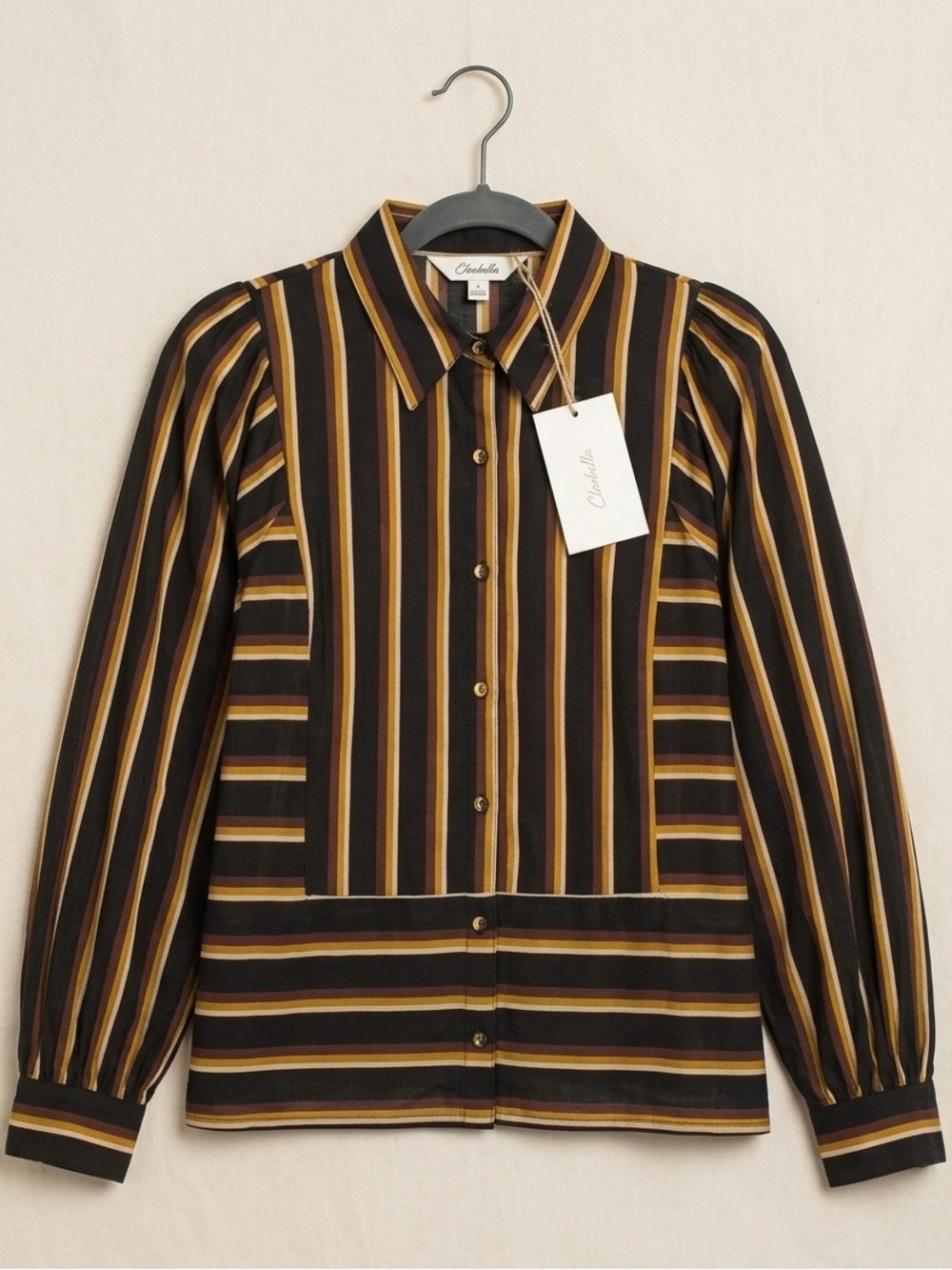 NWT - Cleobella Isadora, Blouse Black Multi Striped Puff Sleeve Shirt - XS